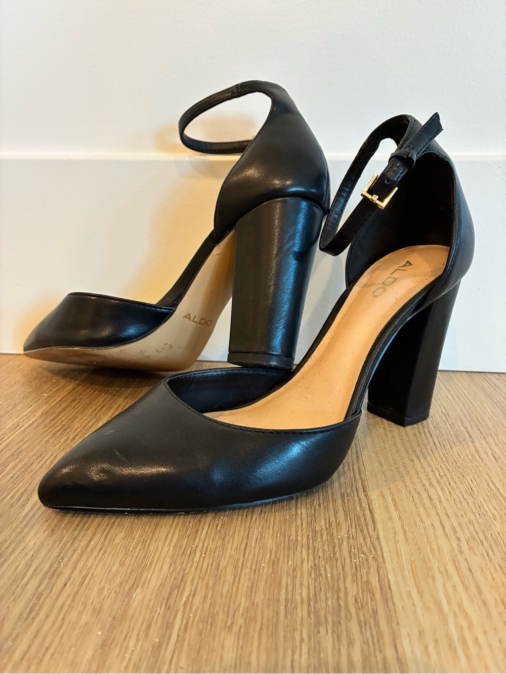 ALDO Black Pointed-Toe Block Heel Ankle Strap Pumps